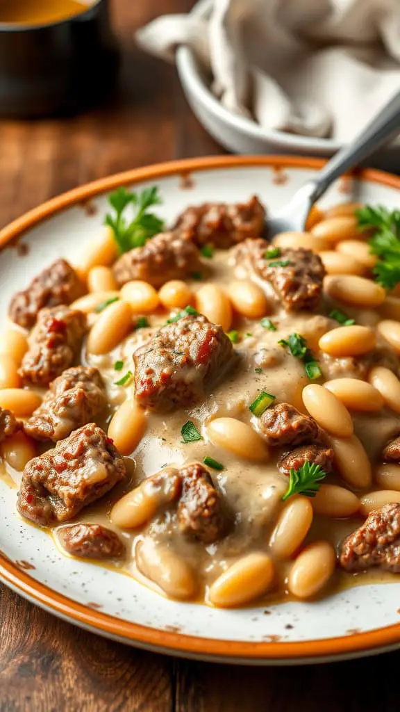 A delicious plate of Low-Calorie Beef Stroganoff with White Beans, garnished with parsley.