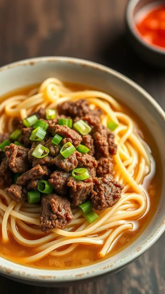 A bowl of low-calorie Mongolian beef ramen with tender noodles and green onions.