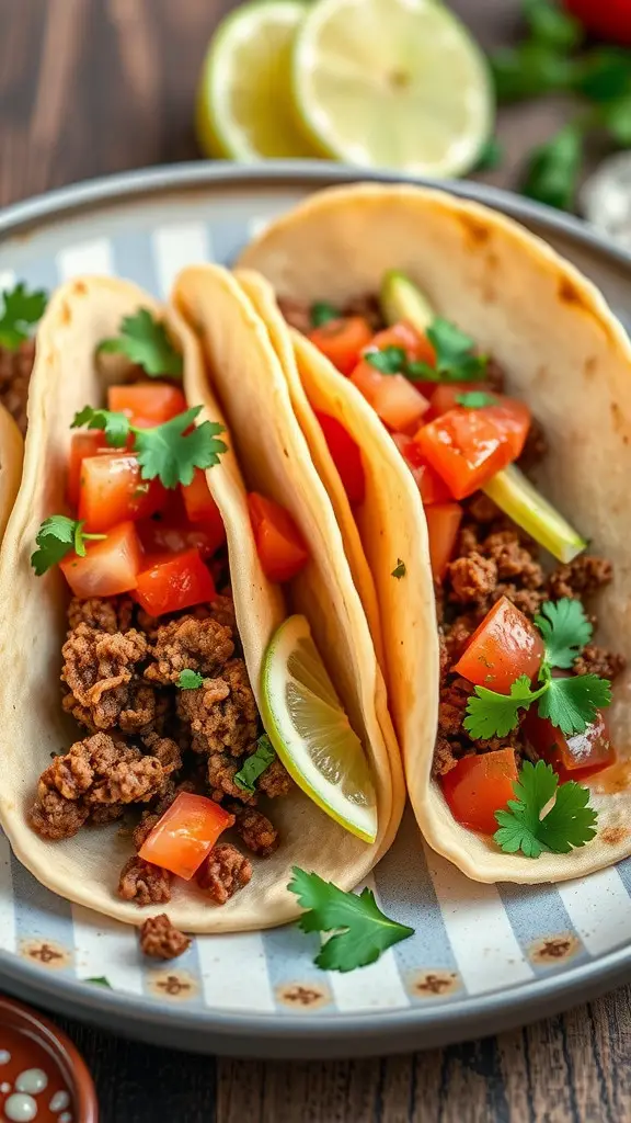 Three Mongolian beef tacos filled with ground beef, diced tomatoes, and cilantro, served with lime wedges.