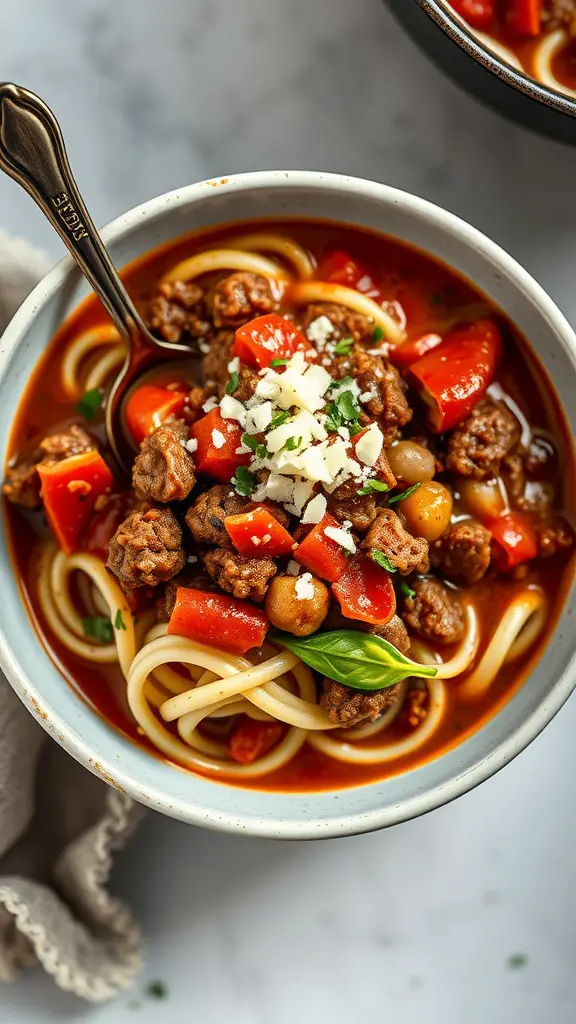 A bowl of low-carb stovetop ground beef chili with ground beef, red bell peppers, and pasta, garnished with cheese and herbs.