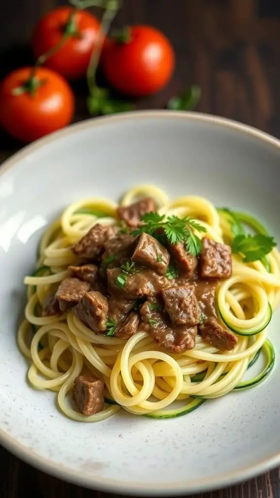 A plate of zucchini noodles topped with beef stroganoff, garnished with fresh herbs, with tomatoes in the background.