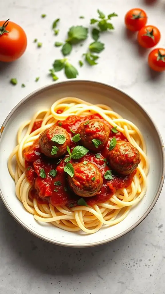 A bowl of zucchini noodles topped with Italian meatballs in a rich tomato sauce, garnished with fresh herbs and Parmesan cheese.