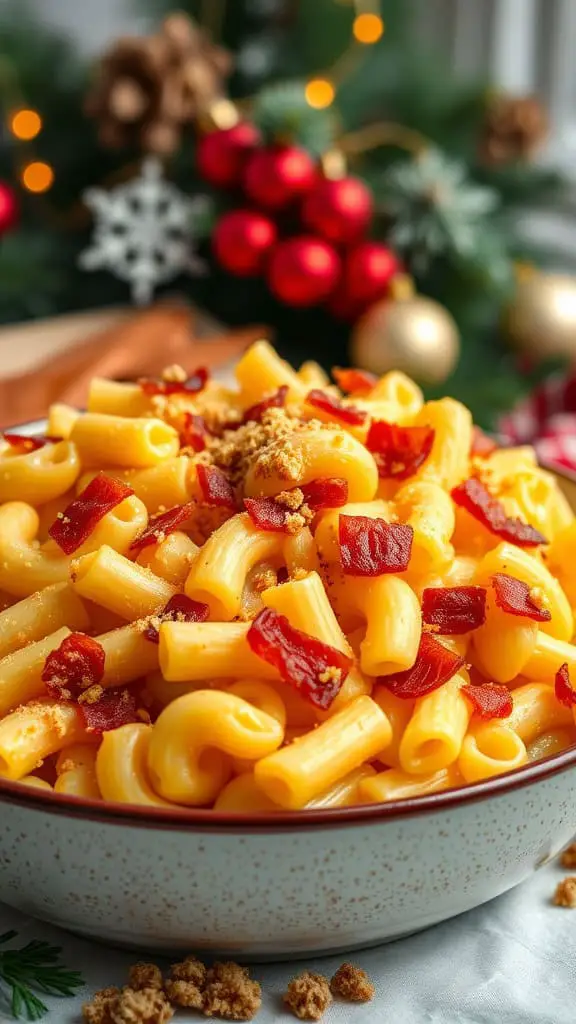 A bowl of macaroni and cheese topped with crispy bacon, set against a festive holiday backdrop.