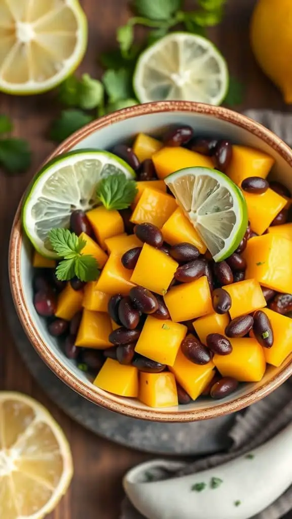 A bowl of mango and black bean salad garnished with lime and lemon slices