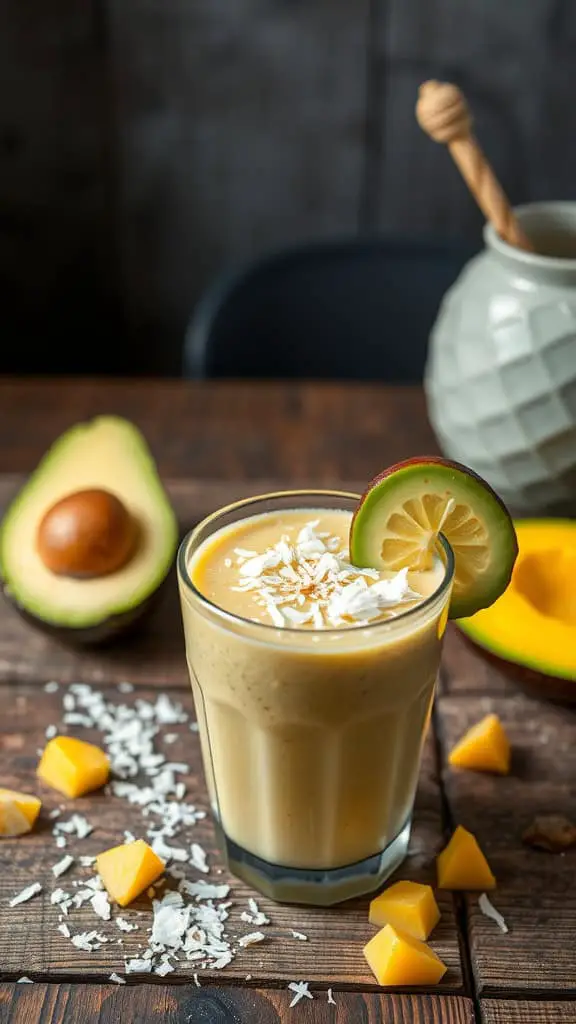 A glass of mango coconut avocado smoothie garnished with lime and coconut flakes, surrounded by mango cubes and an avocado.