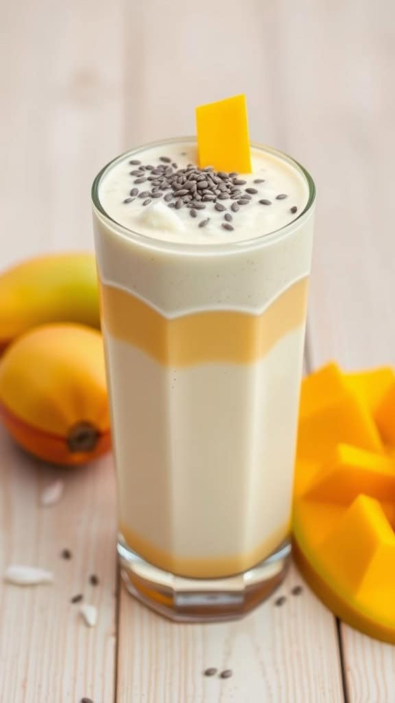 A glass of Mango Coconut Chia Delight smoothie with bananas and mango slices beside it.