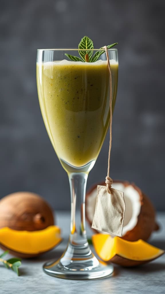 A refreshing Mango Coconut Green Tea Smoothie served in a glass, garnished with mint, with mango slices and coconut halves nearby.