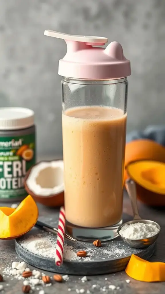 A Mango Coconut Protein Shake in a clear shaker bottle, surrounded by mango pieces and a coconut half.