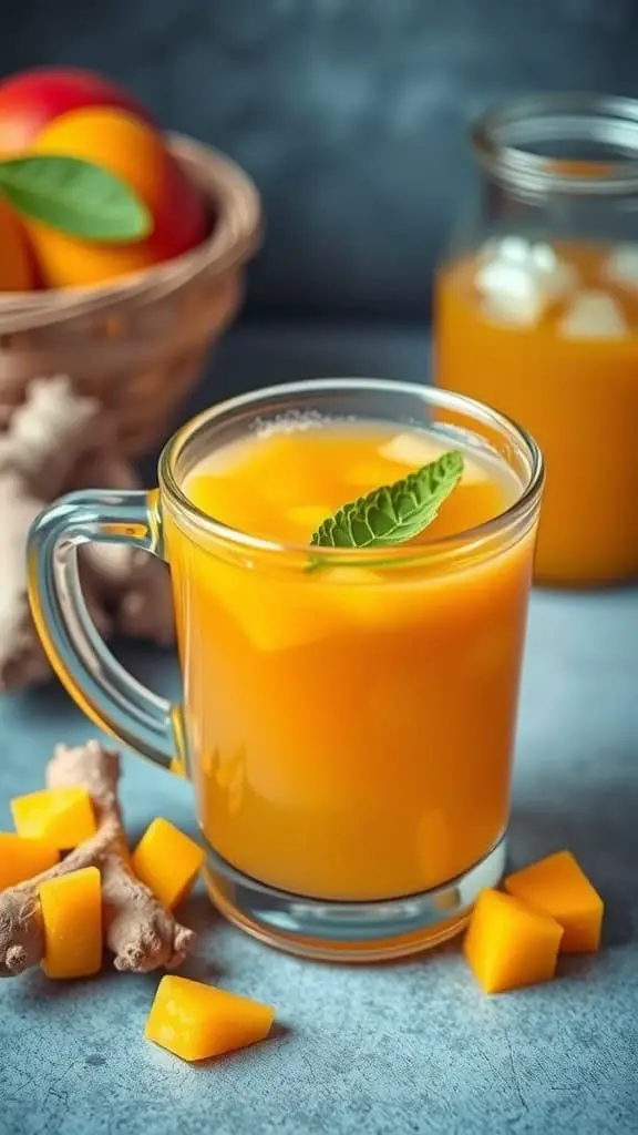 A glass of mango ginger infusion with ginger and fresh mango chunks beside it.