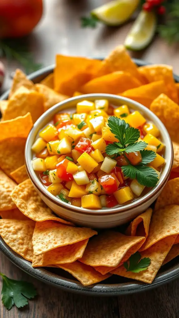 A bowl of mango salsa surrounded by tortilla chips on a wooden table.