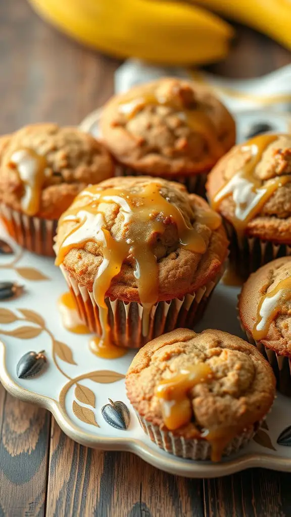 Delicious Maple Banana Muffins drizzled with syrup on a decorative plate with bananas in the background.