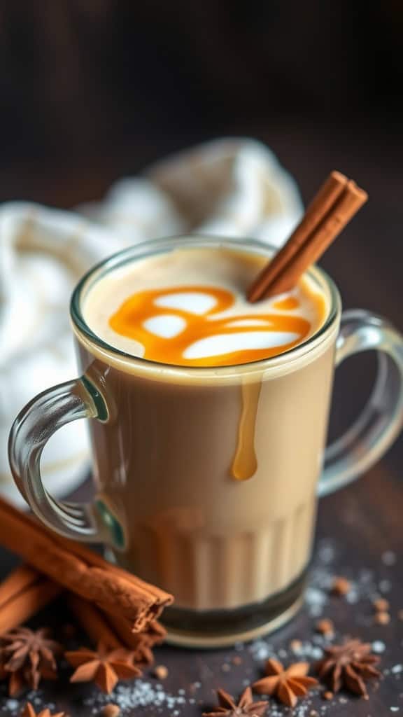 A warm glass of Maple Chai Latte topped with caramel drizzle and cinnamon sticks.