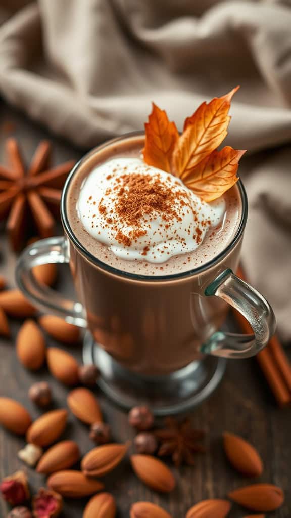 A glass of Maple Cinnamon Cocoa topped with whipped cream and autumn leaves, surrounded by almonds and spices.