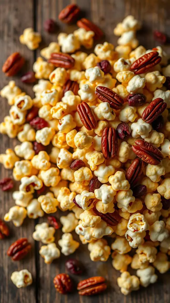 A close-up of maple pecan popcorn mixed with pecans and popcorn on a wooden surface.