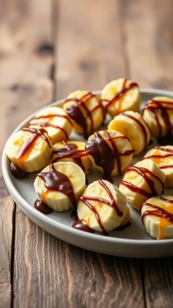 A plate of sliced bananas drizzled with chocolate and maple syrup.