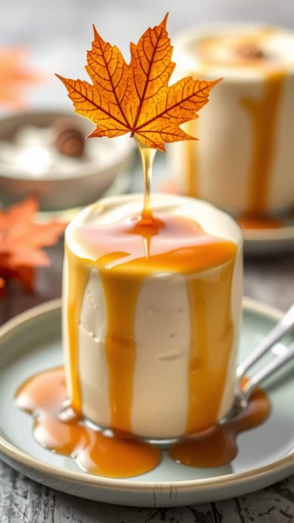 Maple Syrup Eggnog Mousse with an orange maple leaf on top