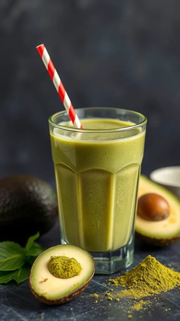 A glass of matcha and avocado smoothie with a striped straw, surrounded by fresh avocados and matcha powder.