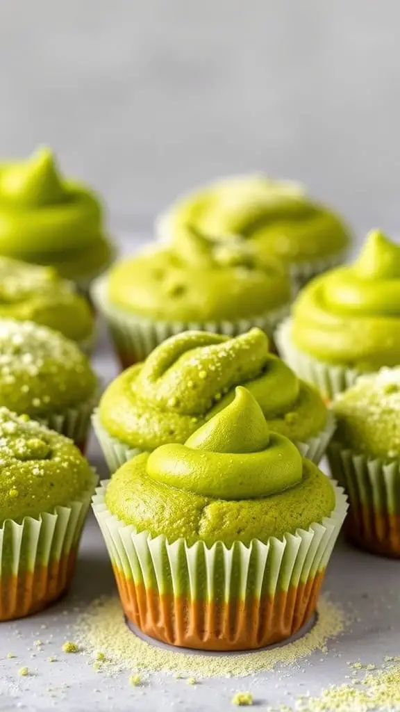 Delicious green matcha muffins topped with smooth green frosting.