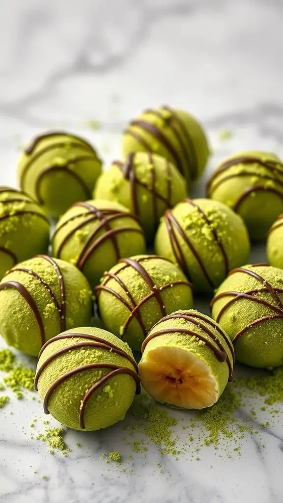 Matcha Green Tea Chocolate Banana Bites arranged on a marble surface