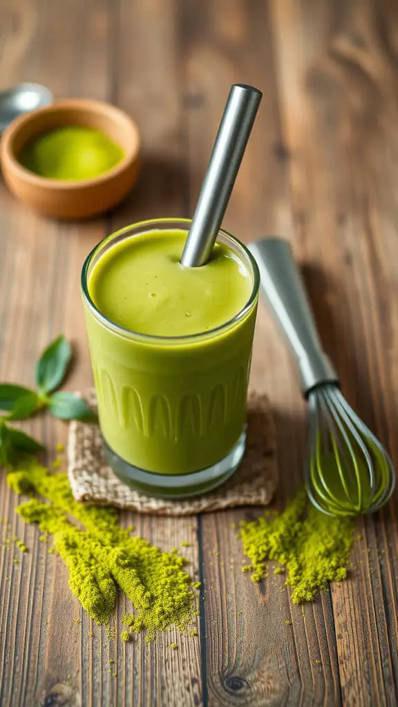 A vibrant matcha green tea smoothie in a glass with a stainless steel straw, surrounded by matcha powder and a whisk on a wooden surface.