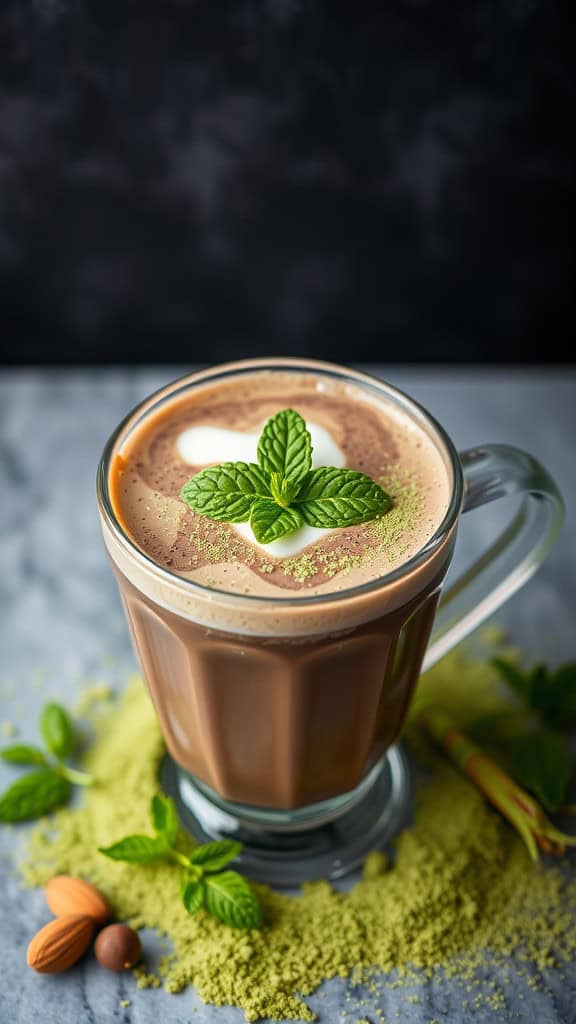 A warm cup of matcha mint chocolate topped with mint leaves and cocoa powder, surrounded by mint leaves and almonds.