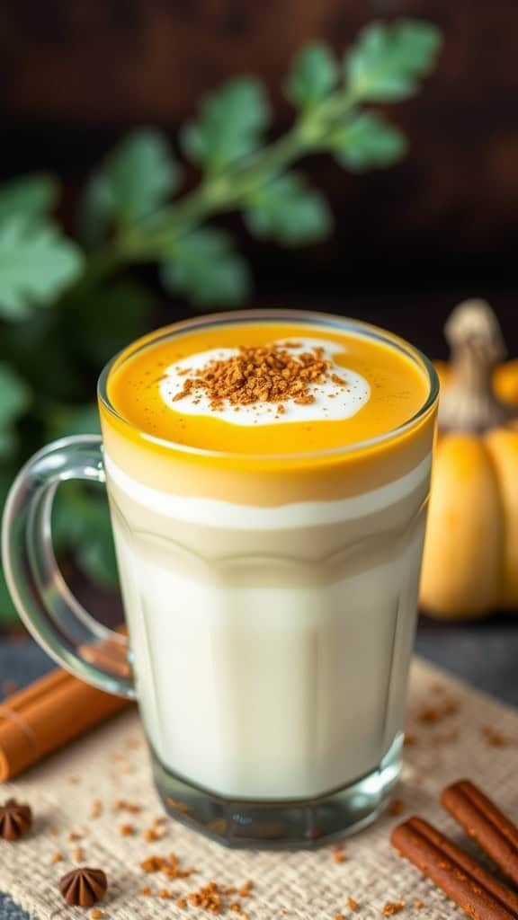 A creamy Matcha Pumpkin Spice Latte topped with whipped cream and pumpkin spice, served in a glass mug.