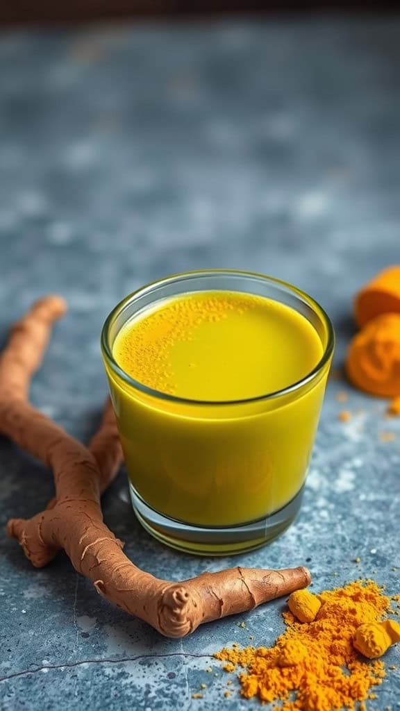 A glass of golden turmeric drink surrounded by turmeric roots and powder