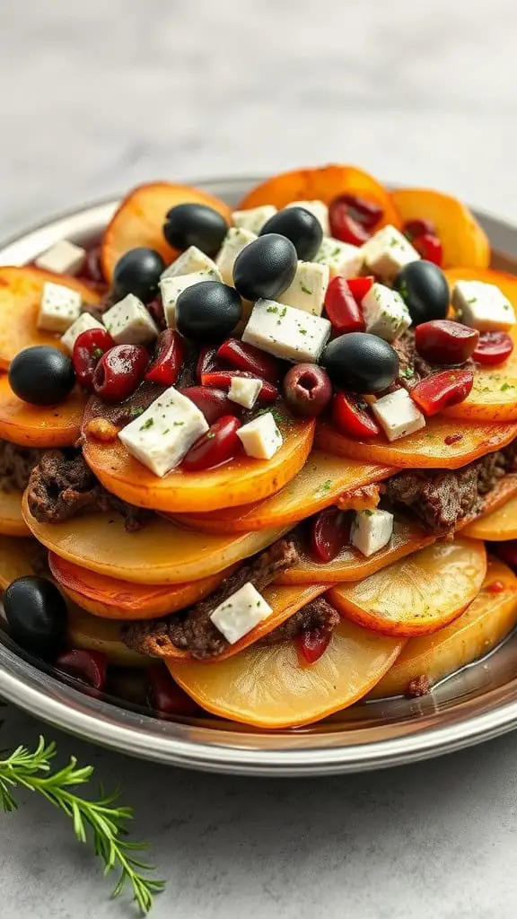 A Mediterranean Beef and Potato Bake with layers of sliced potatoes, ground beef, olives, kidney beans, and feta cheese on a plate.