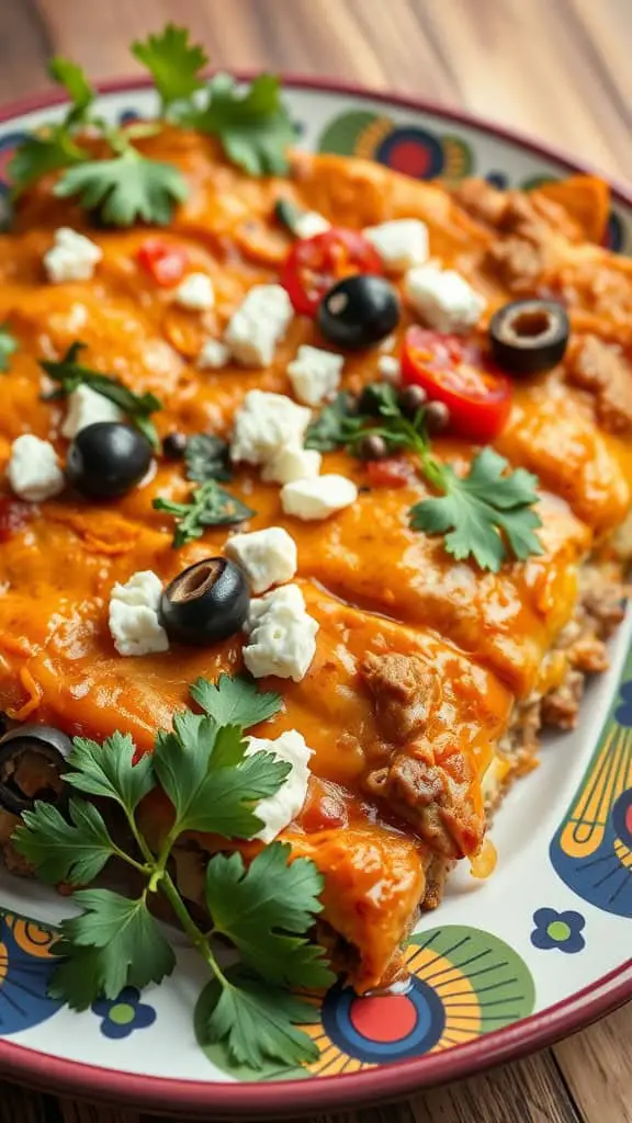 A plate of Mediterranean Beef Enchilada Casserole topped with olives, cilantro, and cheese