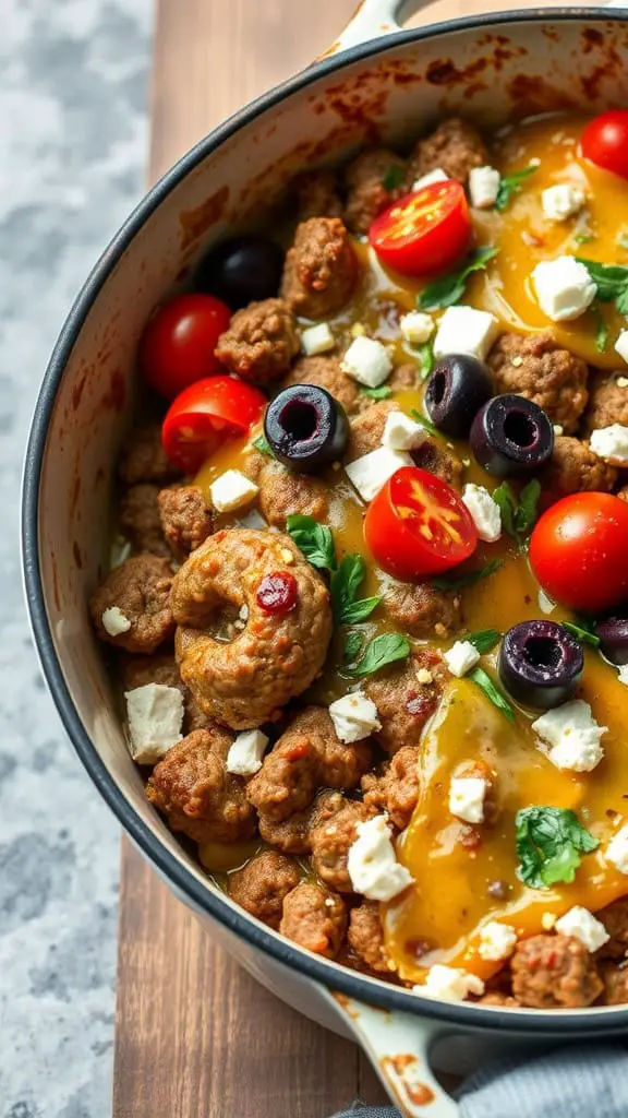 A delicious Mediterranean Burger Bake with ground beef, tomatoes, olives, and cheese.