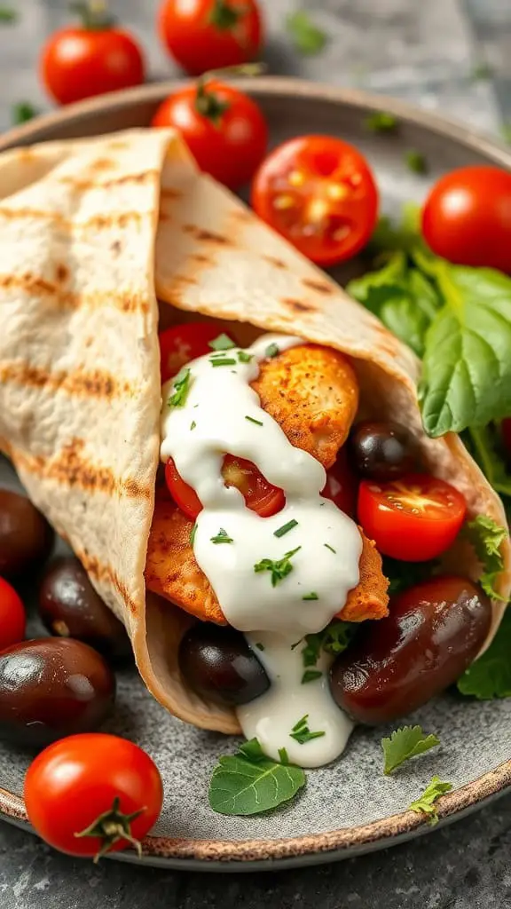 Mediterranean chicken wrap with tzatziki sauce, featuring grilled chicken, cherry tomatoes, and fresh greens on a plate.