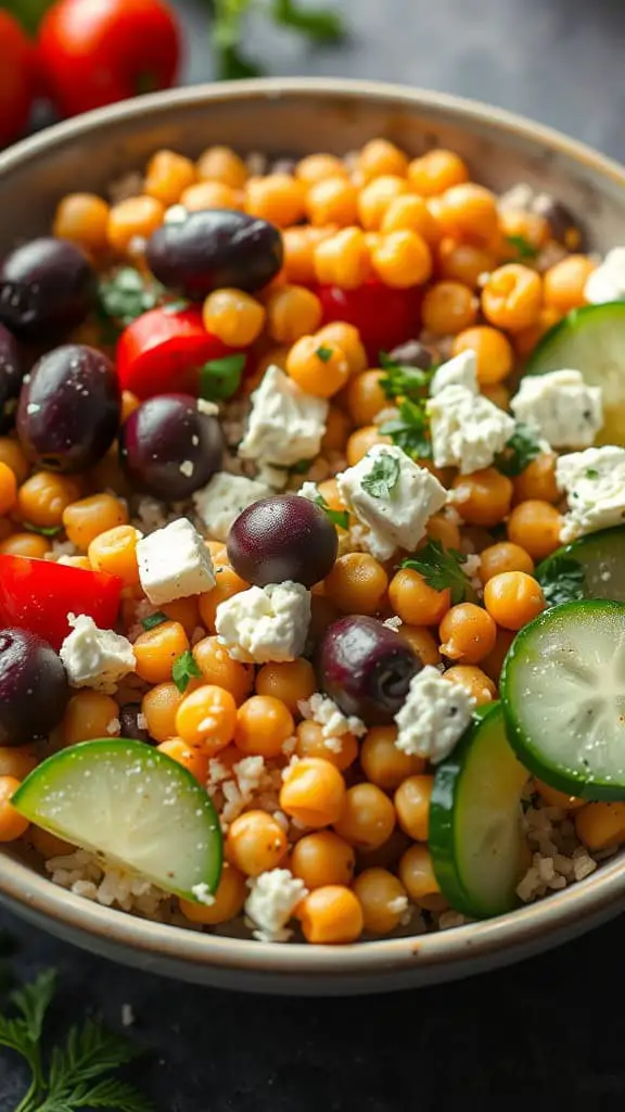 A colorful Mediterranean Chickpea Rice Bowl with chickpeas, olives, tomatoes, cucumber, and feta cheese.