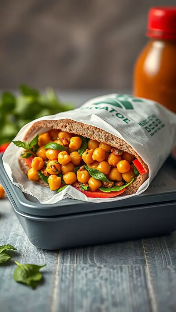 Mediterranean Chickpea Sandwich wrapped in paper, sitting in a container with a drink and fresh herbs