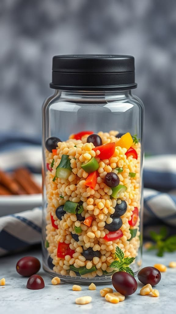 A close-up of Mediterranean Couscous Salad in a glass jar, featuring colorful bell peppers and black olives.