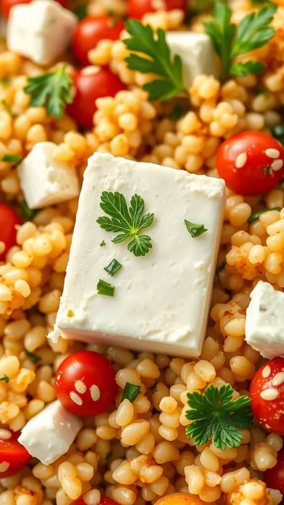 Close-up of Mediterranean couscous salad with feta, cherry tomatoes, and parsley