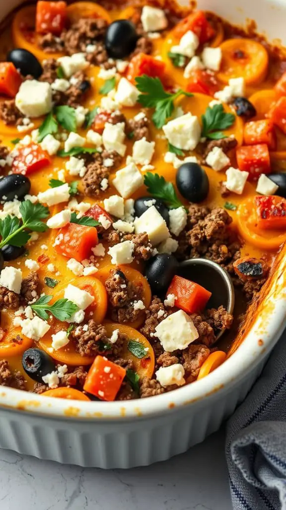 A Mediterranean Hobo Casserole filled with ground beef, olives, feta cheese, and colorful vegetables.