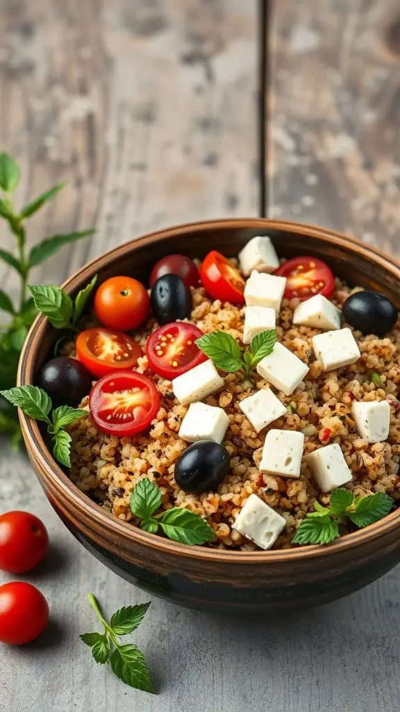 A Mediterranean quinoa bowl with quinoa, cherry tomatoes, olives, and feta cheese, garnished with fresh herbs.