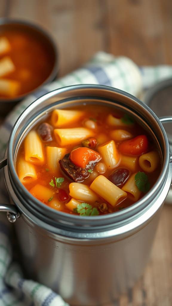 A pot of minestrone pasta soup filled with vegetables and pasta