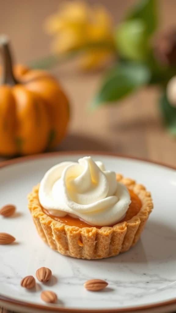 Mini pumpkin pie with whipped cream on a plate, surrounded by almonds and a small pumpkin.