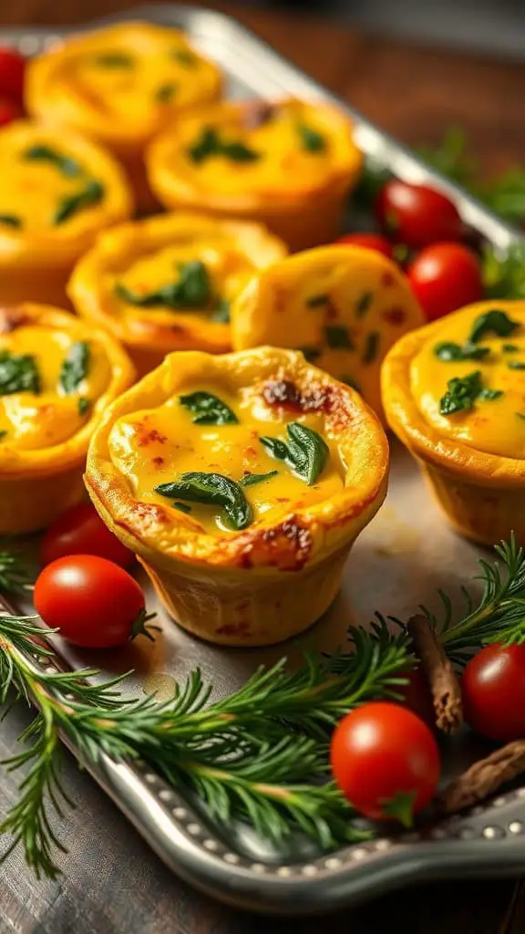 A tray of mini quiches filled with spinach and cheese, garnished with cherry tomatoes and herbs.