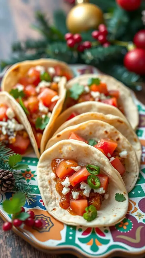 A colorful platter of mini tacos topped with fresh salsa, surrounded by festive holiday decorations.