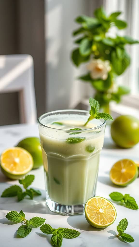 A refreshing mint and lime green smoothie with mint leaves and lime slices.