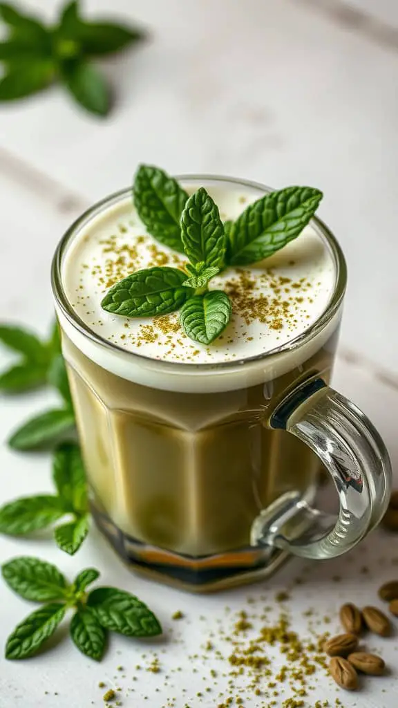 A Mint Chai Latte topped with fresh mint leaves and spices in a clear glass mug, surrounded by mint leaves and spices.