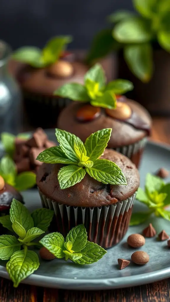 Mint Chocolate Banana Muffins with fresh mint leaves and chocolate chips