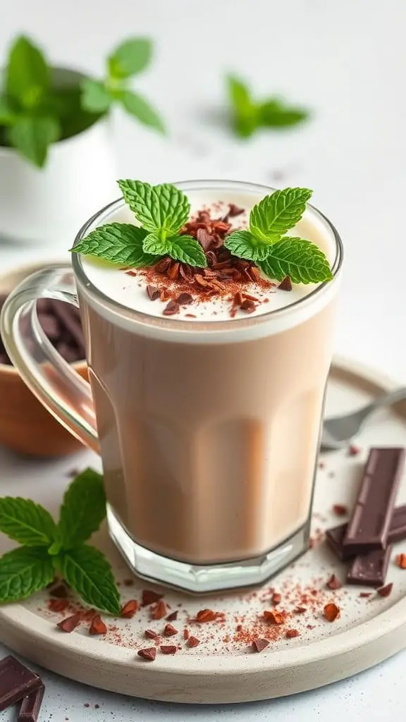 A glass of frothy dark chocolate drink topped with mint leaves and chocolate shavings, with chocolate pieces and mint leaves around it.