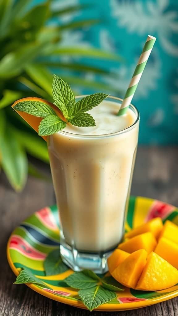 A tall glass of creamy mango coconut smoothie topped with mint leaves and a striped straw, served on a colorful plate with mango slices.