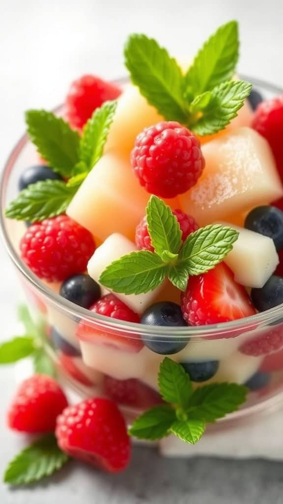 A colorful dessert bowl filled with raspberries, blueberries, and melon cubes, garnished with fresh mint leaves.