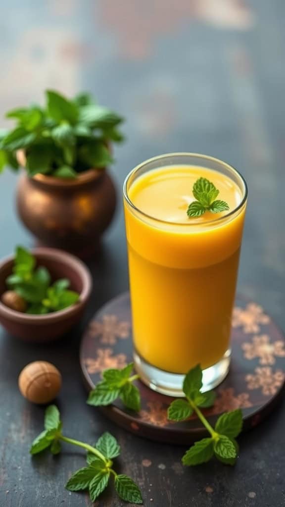 A refreshing glass of turmeric milk drink garnished with mint leaves, sitting on a decorative coaster.