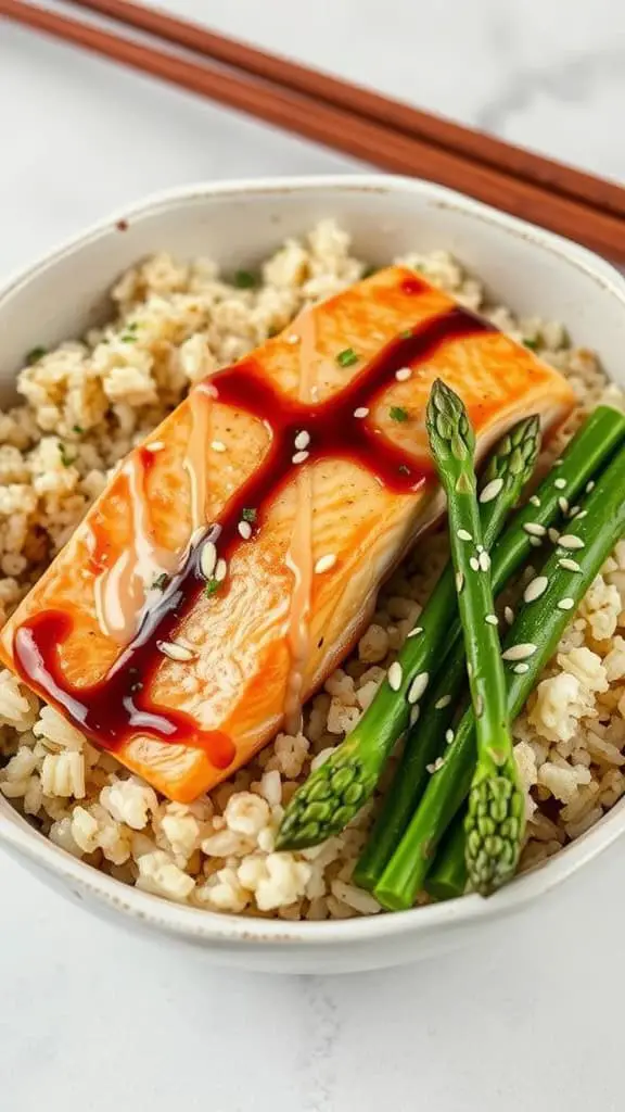 A delicious Miso Salmon and Asparagus Rice Bowl with salmon, asparagus, and rice.