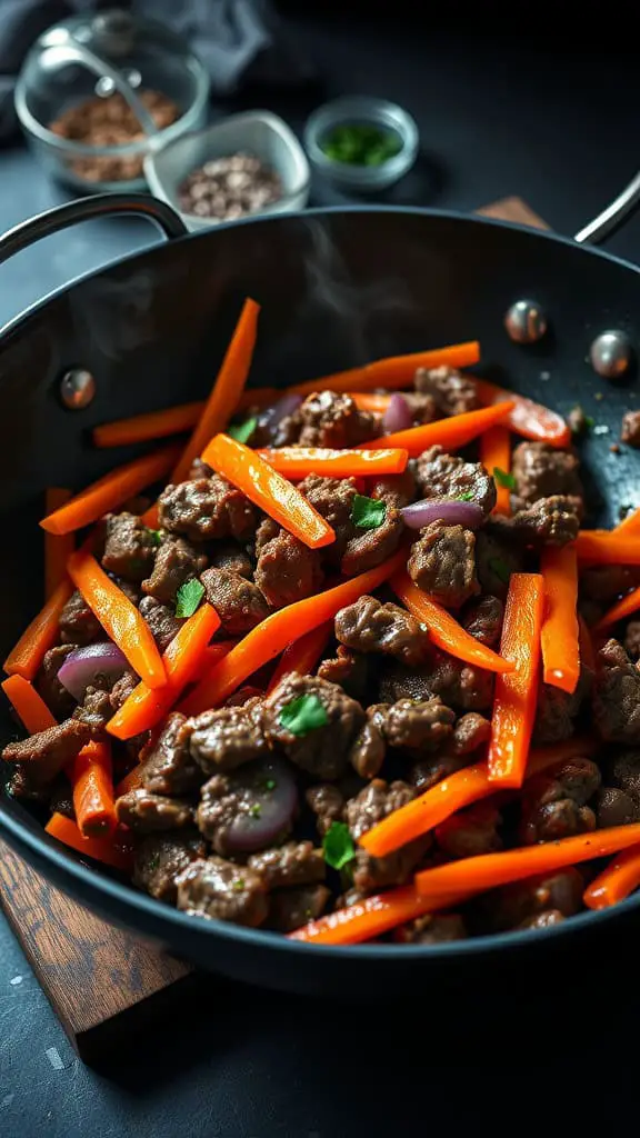 A wok filled with Mongolian beef and carrots in a sweet and spicy sauce.